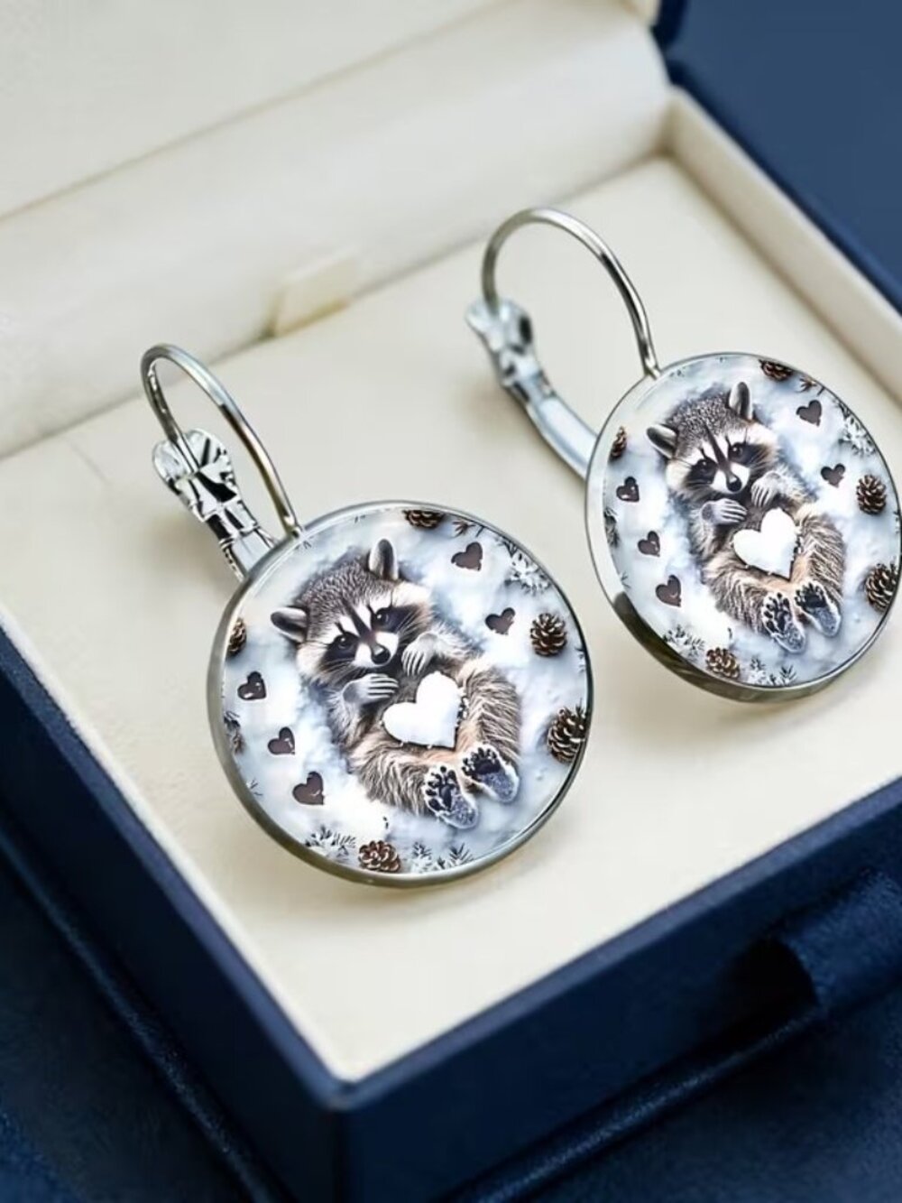 Round Silver RACCOON Dangle Earrings - Picture 5 of 5